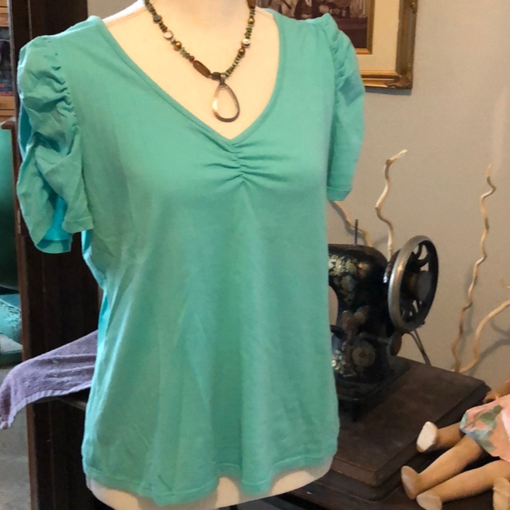 BONGO short sleeve v neck lace accent back teal XL